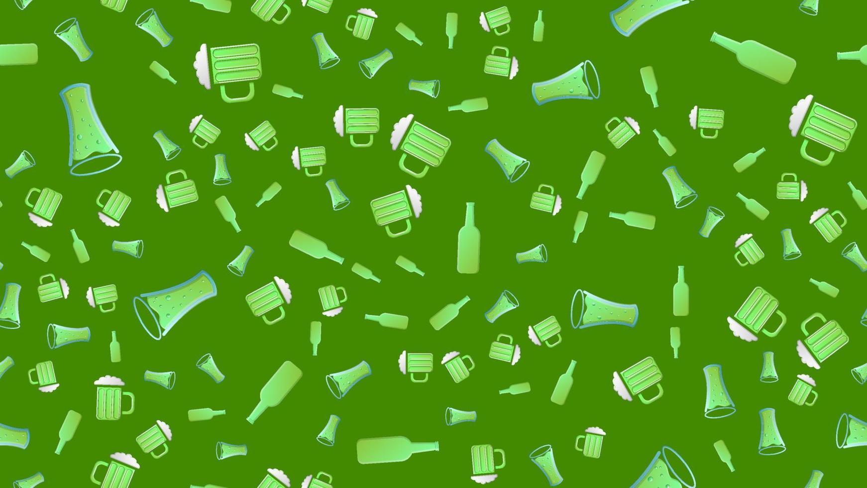 Endless seamless pattern of green beautiful glass beer bottles and glasses with alcoholic tasty tasty light beer, foamy hop lager on a green background. Vector illustration