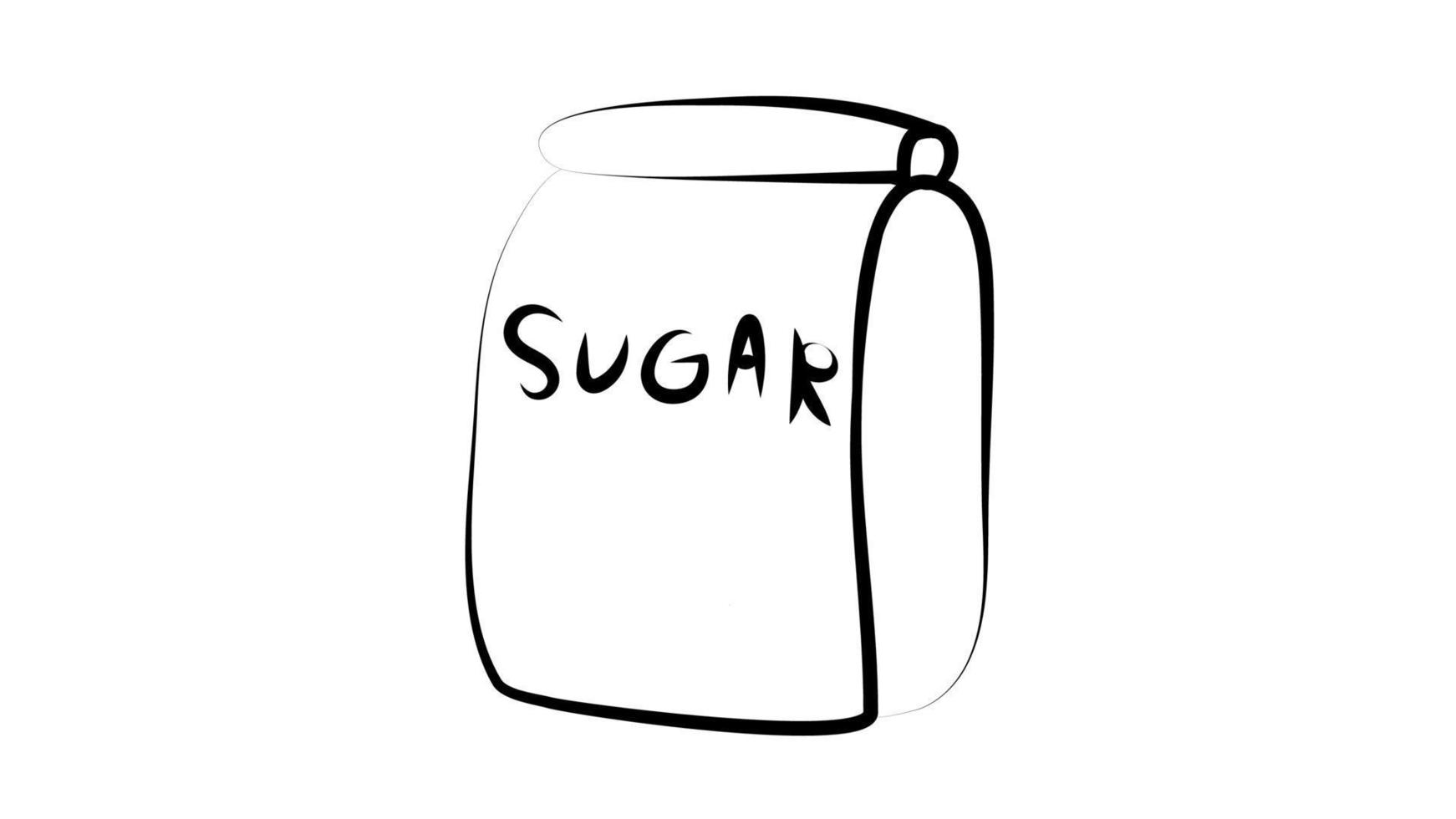 package with sugar on a white background, vector illustration. the package is black and white. drawing style. paper bag filled with spices. baking sugar