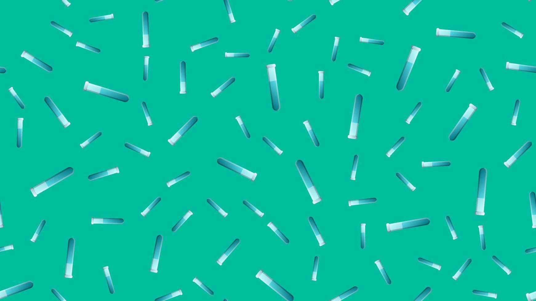 Endless seamless pattern of medical scientific medical supplies laboratory chemical blue flasks and flasks on a green background. Vector illustration