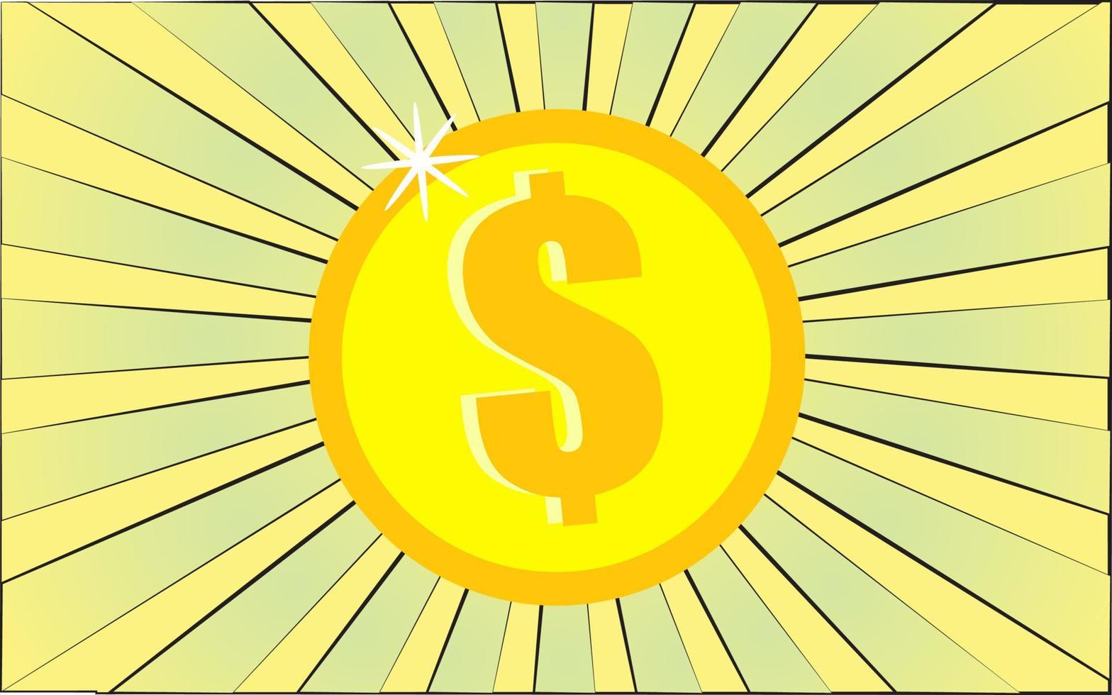 Golden round big dollar money coin on a background of abstract yellow rays. Vector illustration