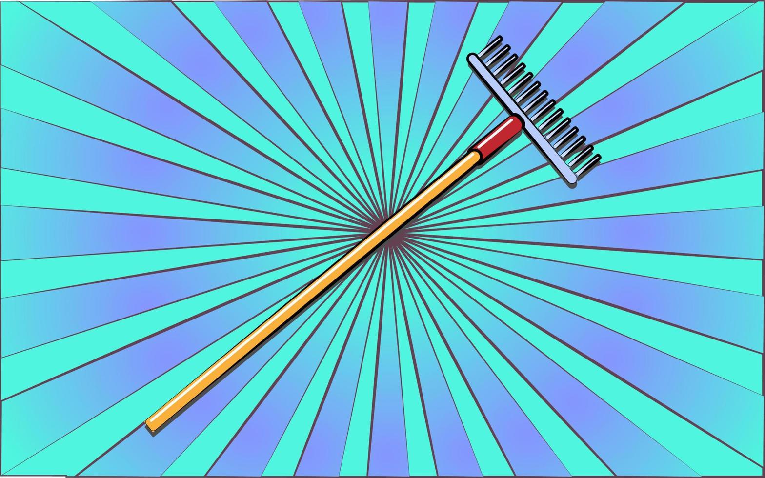 Construction repair garden tool rake on a background of abstract blue rays. Vector illustration