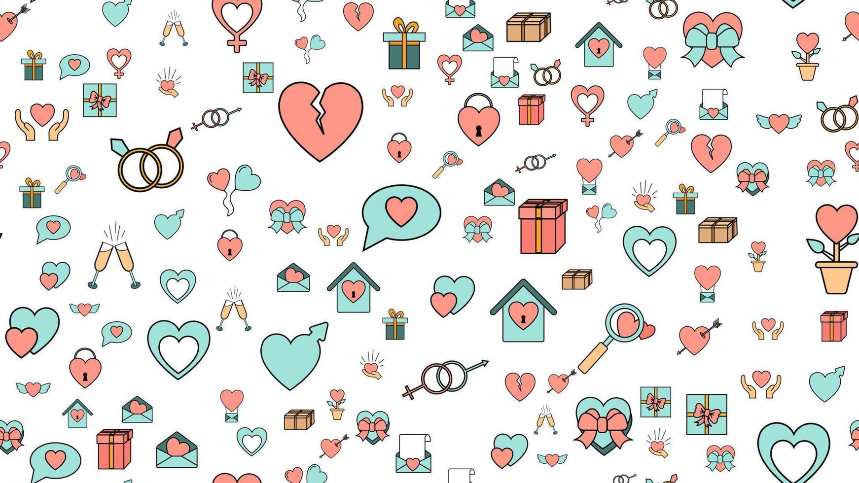 Texture seamless pattern from a set of love items with hearts and gifts for the holiday of love Valentine's Day February 14 or March 8 on a white background. Vector illustration