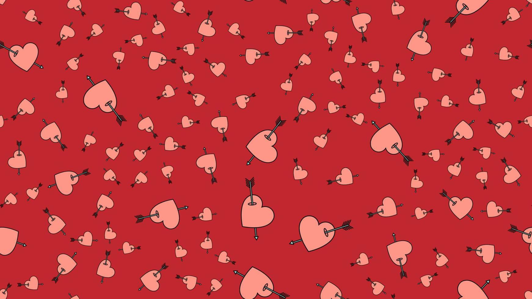 Texture endless seamless pattern from flat icons of hearts with arrows, love items for the holiday of love Valentine's Day February 14 or March 8 on a red background. Vector illustration
