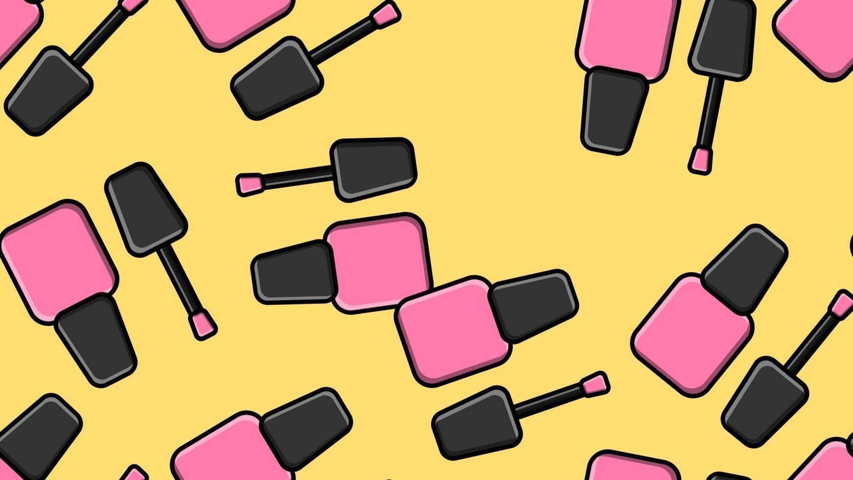 Endless seamless pattern of beautiful pink beauty cosmetic items for nail polish bottles for manicure on a yellow background. Vector illustration