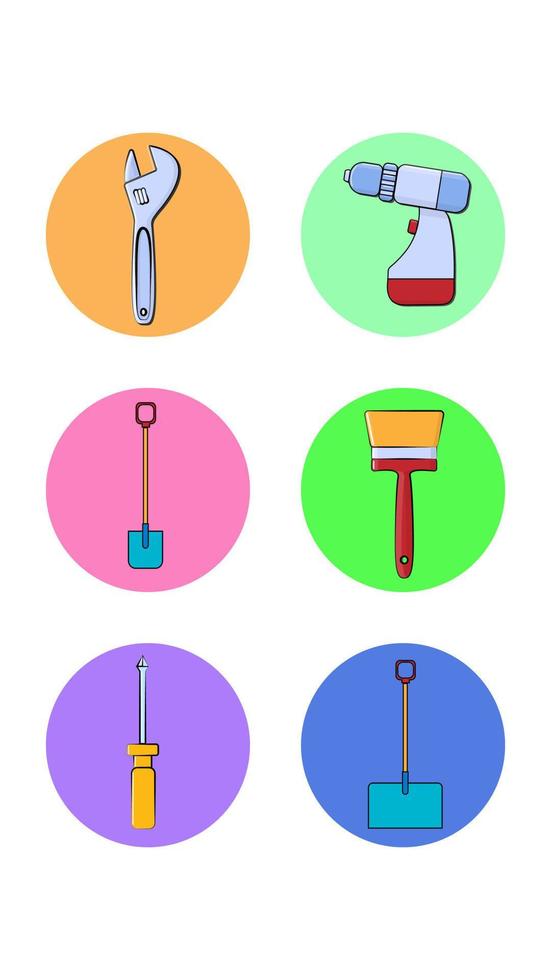 A set of six round icons for the current one with different construction tools for repairing a screwdriver wrench spade brush on a white background. Vector illustration