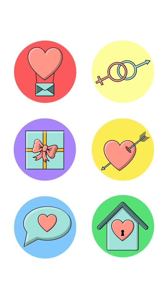 un conjunto de seis íconos redondos para lo real con artículos de vacaciones de amor, corazón, carta de regalo, casa de globos y símbolos de género en un fondo blanco. ilustración vectorial vector