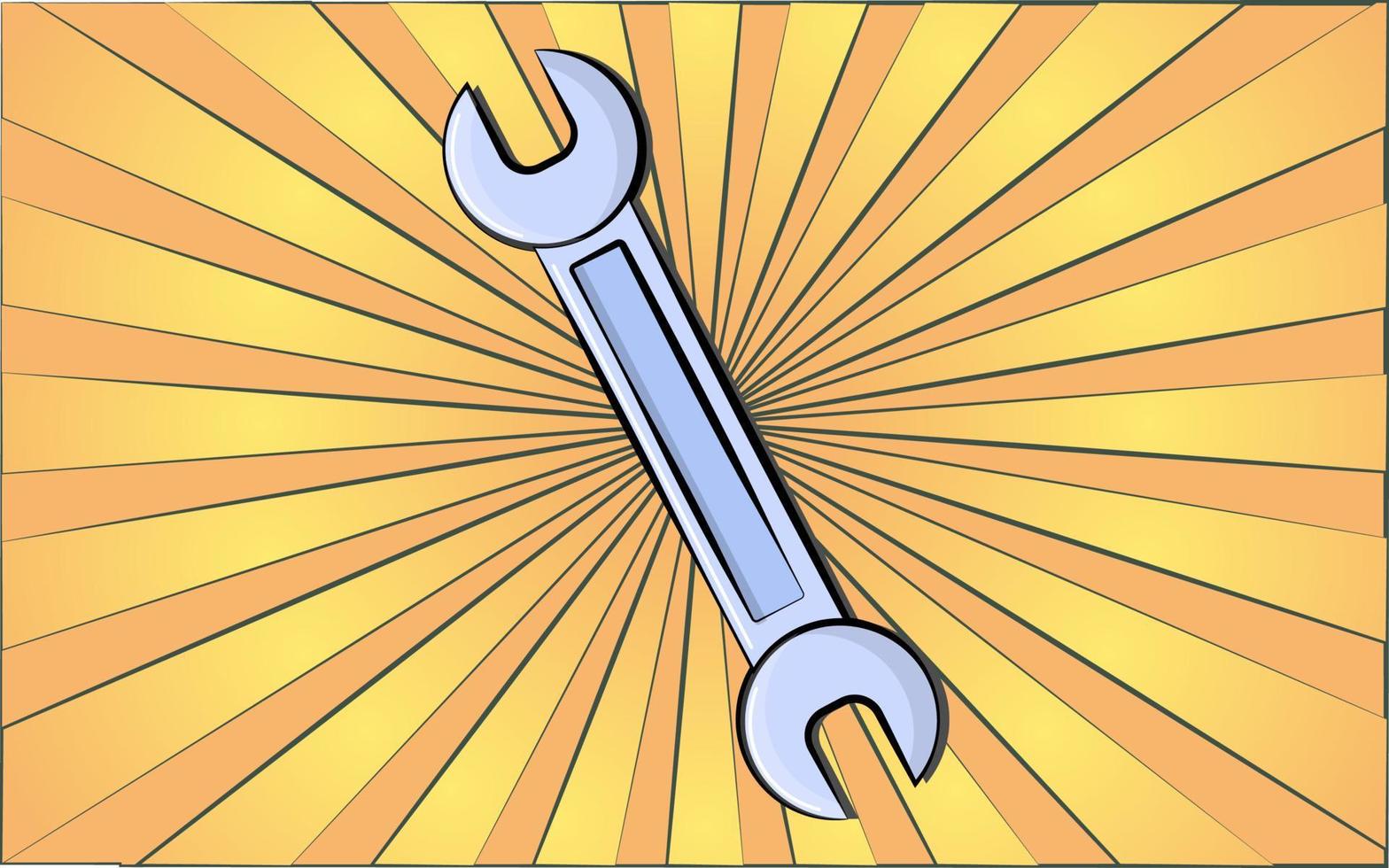 Construction repair fitter's tool open-end wrench for tightening the nut on a background of abstract yellow rays. Vector illustration