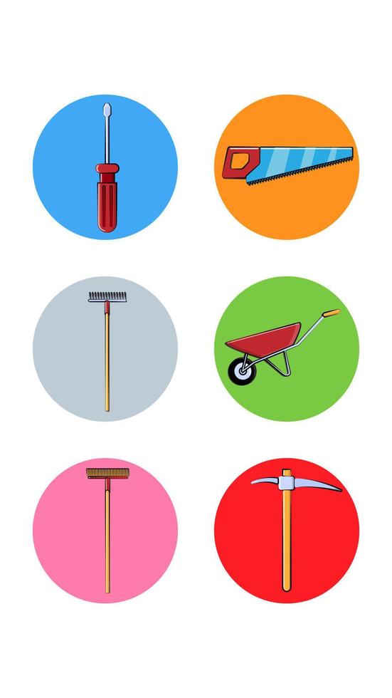 Set of six round icons for the current one with different construction tools for repairing a screwdriver saw a rake trolley brush pickaxe on a white background. Vector illustration