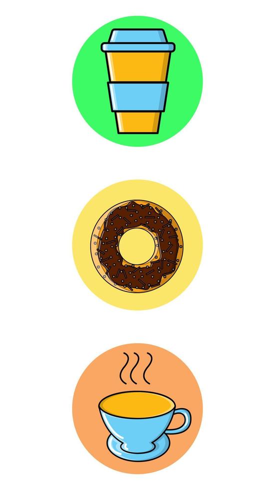 conjunto de tres íconos redondos para la moda con diferentes bebidas vigorizantes sabrosas y comida para un café donut café té sobre un fondo blanco. ilustración vectorial vector