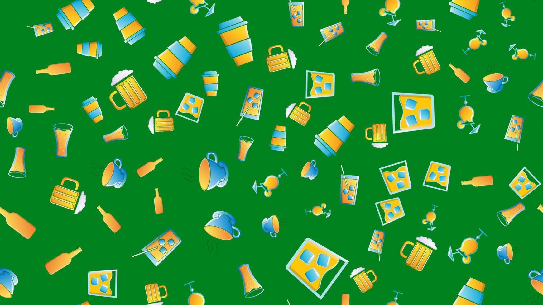 Endless seamless pattern of beautiful glass glasses with tasty alcoholic cocktails with ice and straws with lemons and beer for a party on a green background. Vector illustration