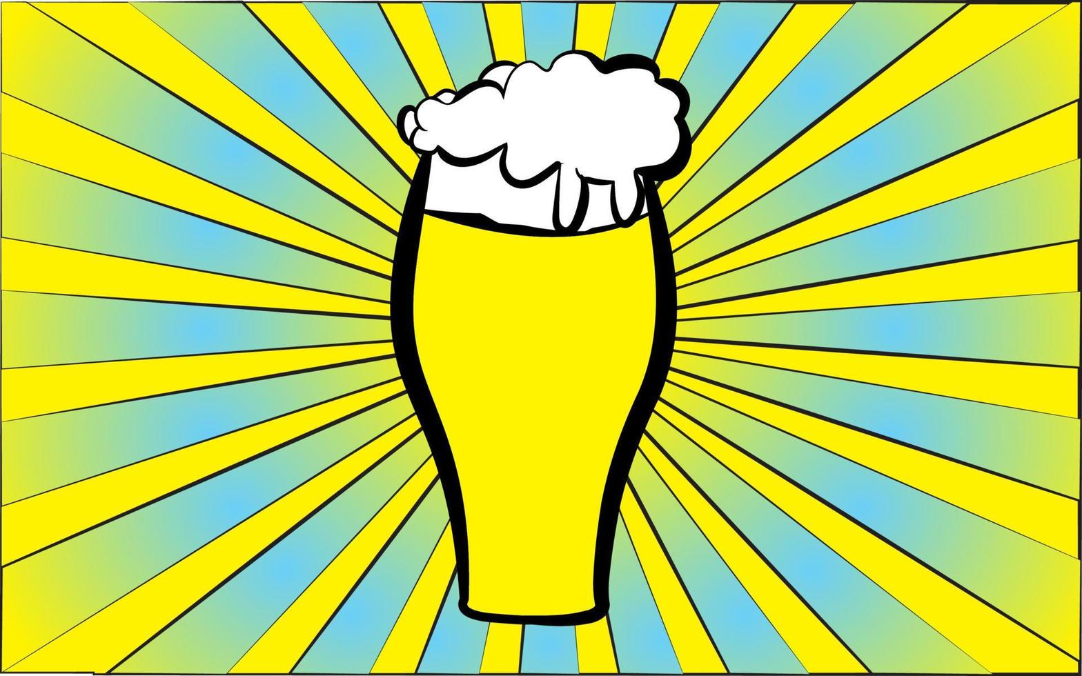 A glass of delicious foamy light beer on a background of abstract yellow rays. Vector illustration