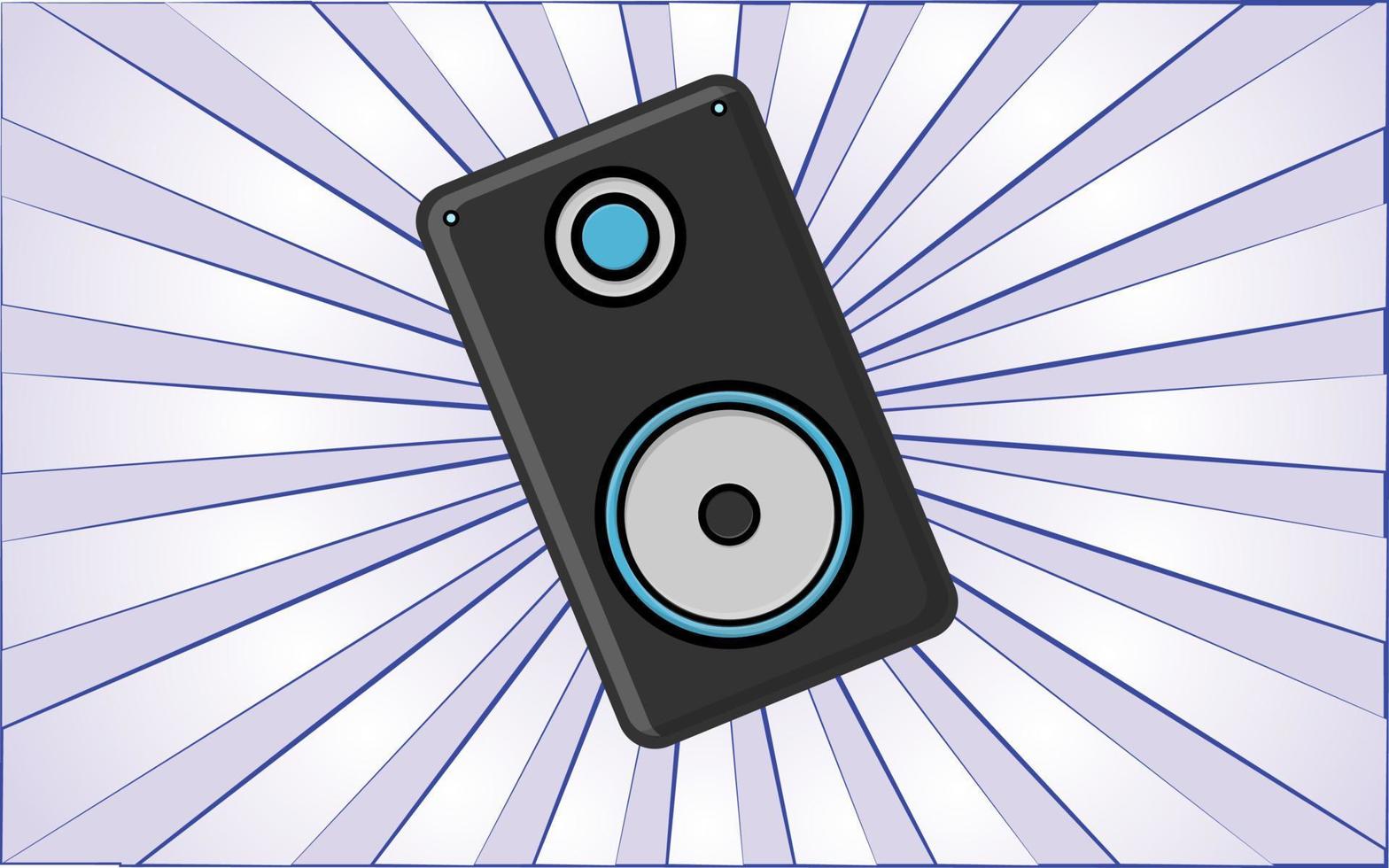 A large black music speaker on a background of abstract blue rays. Vector illustration