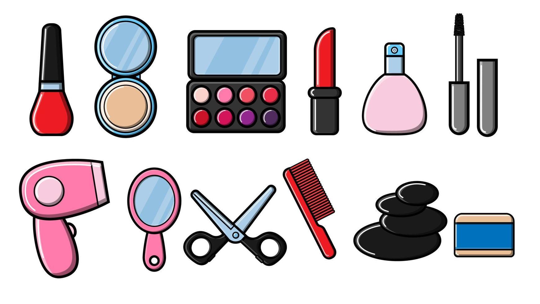 Set of 12 beautiful flat icons of fashionable glamorous beauty items hairdryer, comb, lipstick, powder, mascara, scissors, mirror, perfume isolated on a white background. Vector illustration