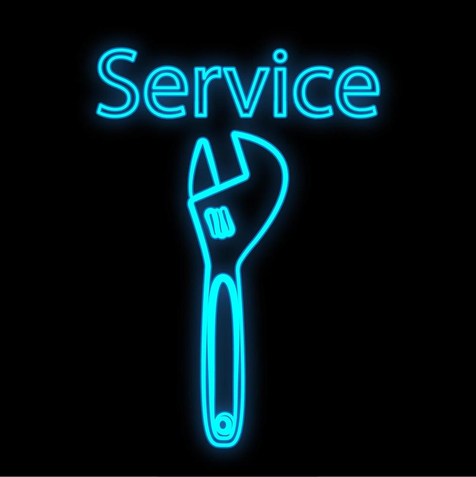Bright luminous blue industrial digital neon sign for shop workshop service center beautiful shiny with a wrench for repair on a black background and the inscription service. Vector illustration