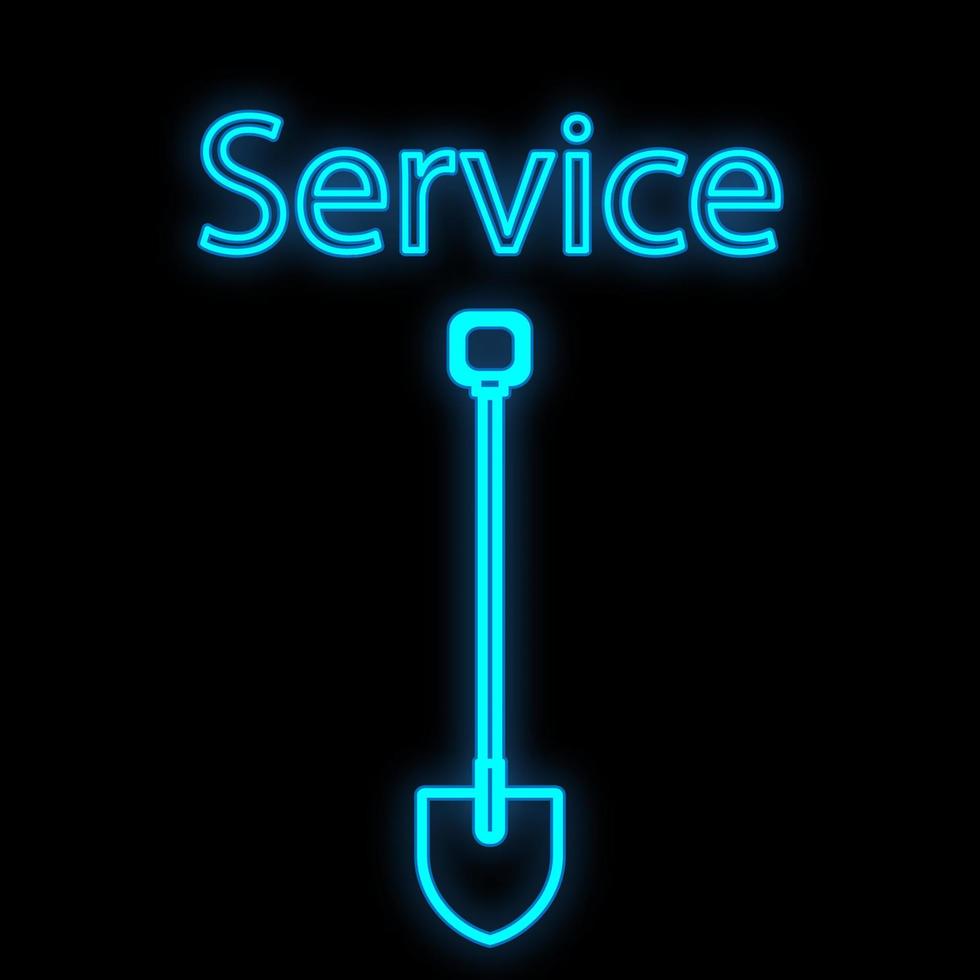 signo de neón digital industrial azul luminoso brillante para el centro de servicio de taller de tienda hermoso brillante con una pala para reparar sobre un fondo negro y el servicio de inscripción. ilustración vectorial vector