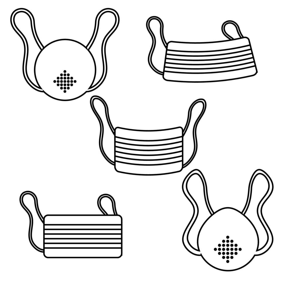 A set of black and white icons of protective gauze paper medical disposable masks for respirators of the dangerous virus strain Covid 019 coronavirus epidemic pandemic disease. Vector illustration