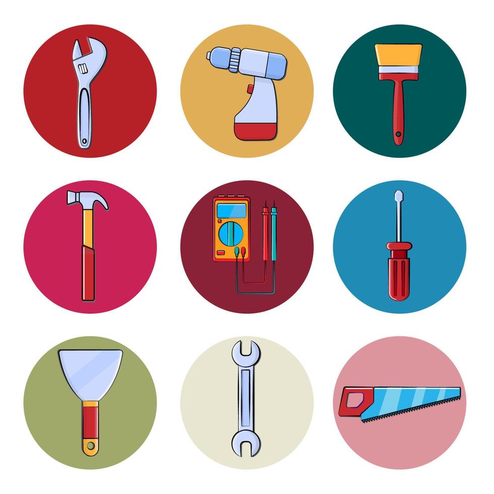 A set of construction repair tools round icons for home repair, apartment, gardening items wrench, screwdriver, brush, hammer, electrical tester, screwdriver, putty, wrench, saw vector