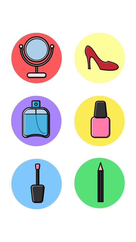 A set of six round icons for the actual with fashion items from the beauty industry cosmetic mirror women shoe perfume nail polish eye liner on a white background. Vector illustration