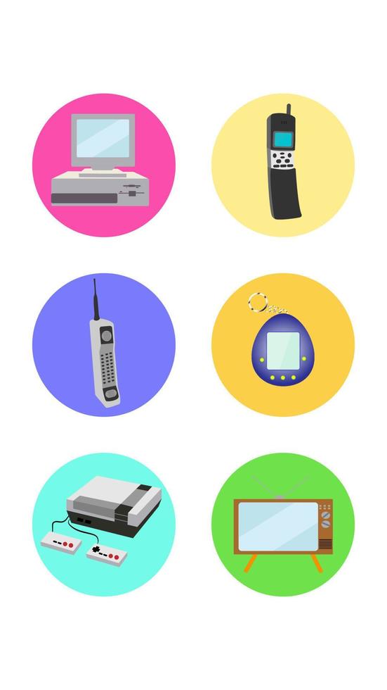 A set of six round icons for the current old antique retro technology electronics computer mobile phone game console TV on a white background. Vector illustration