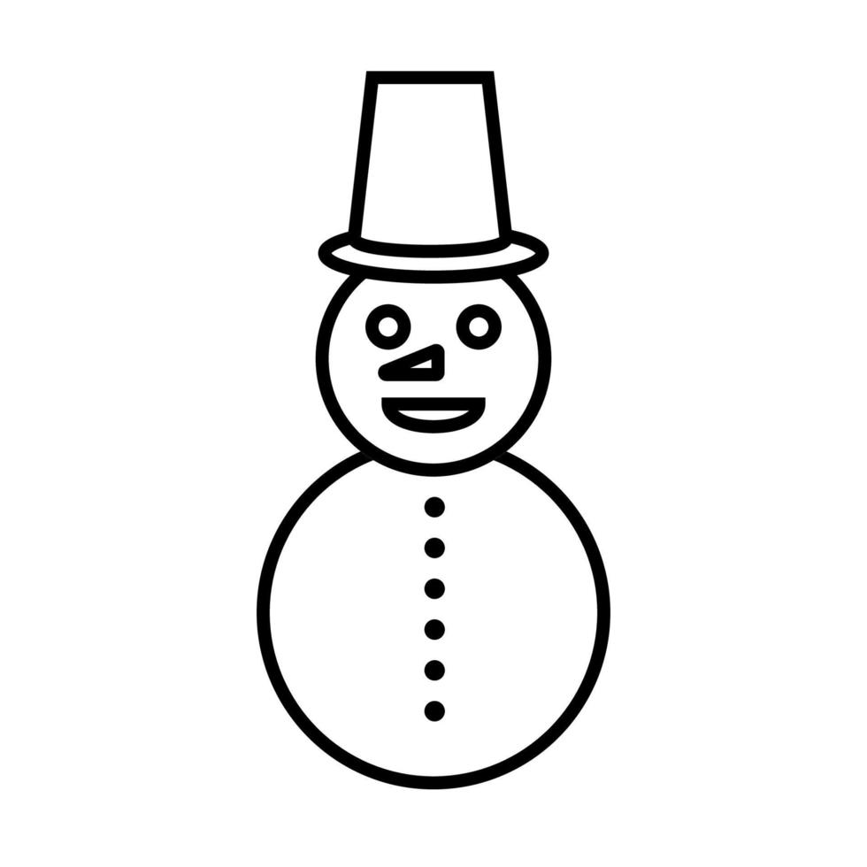 Black and white small simple linear icon of a beautiful festive New Year Christmas snowman with a bucket on his head on a white background. Vector illustration