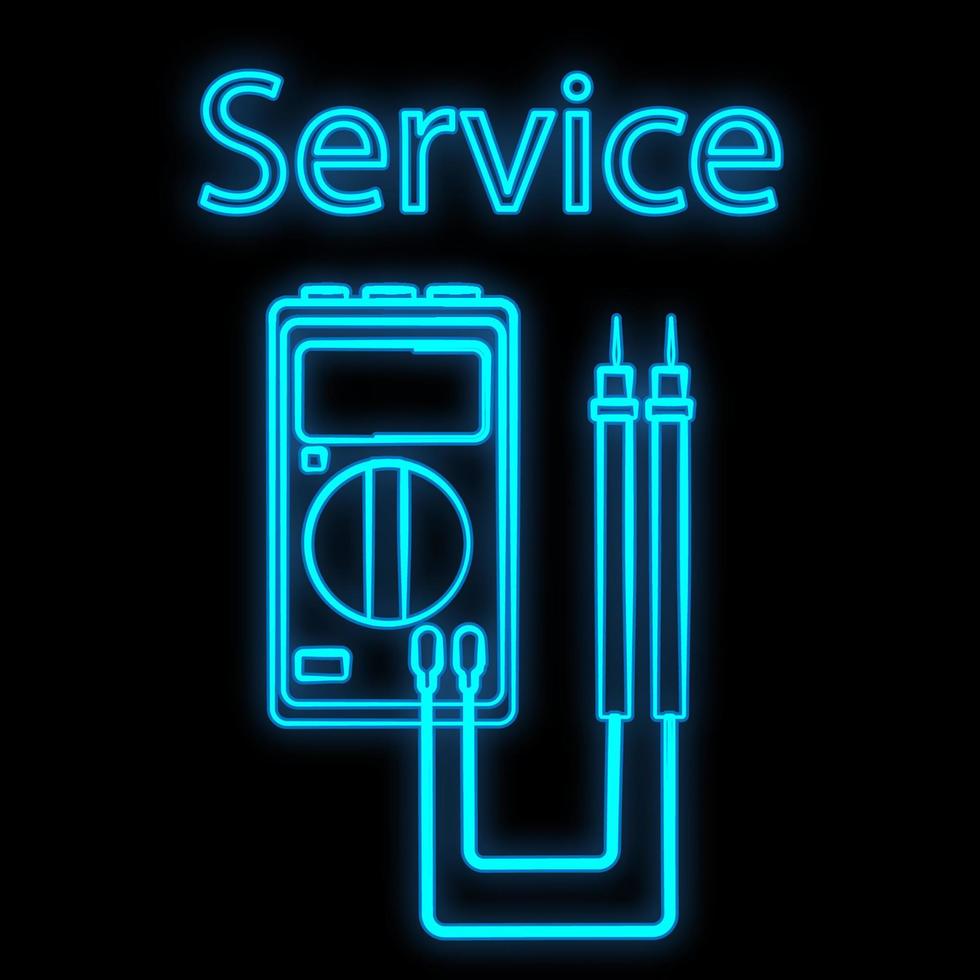 Bright luminous blue industrial digital neon sign for shop workshop service center beautiful shiny with electric tester on a black background and the inscription service. Vector illustration