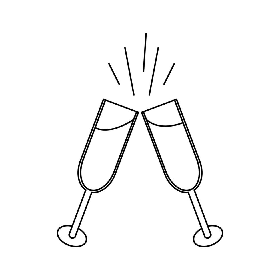 Black and white linear simple icon beautiful of two glasses of champagne that clink glasses during a toast for the feast of love on Valentine's Day or March 8th. Vector illustration