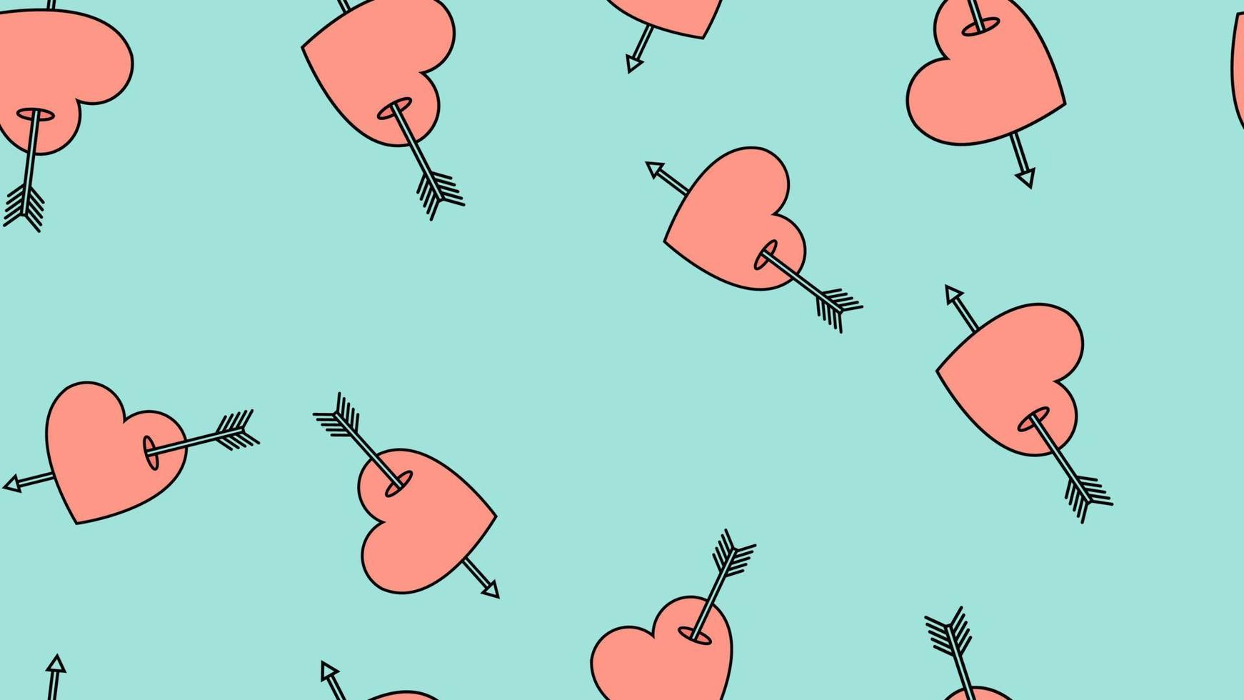 Texture endless seamless pattern from flat icons of hearts with arrows, love items for the holiday of love Valentine's Day February 14 or March 8 on a blue background. Vector illustration