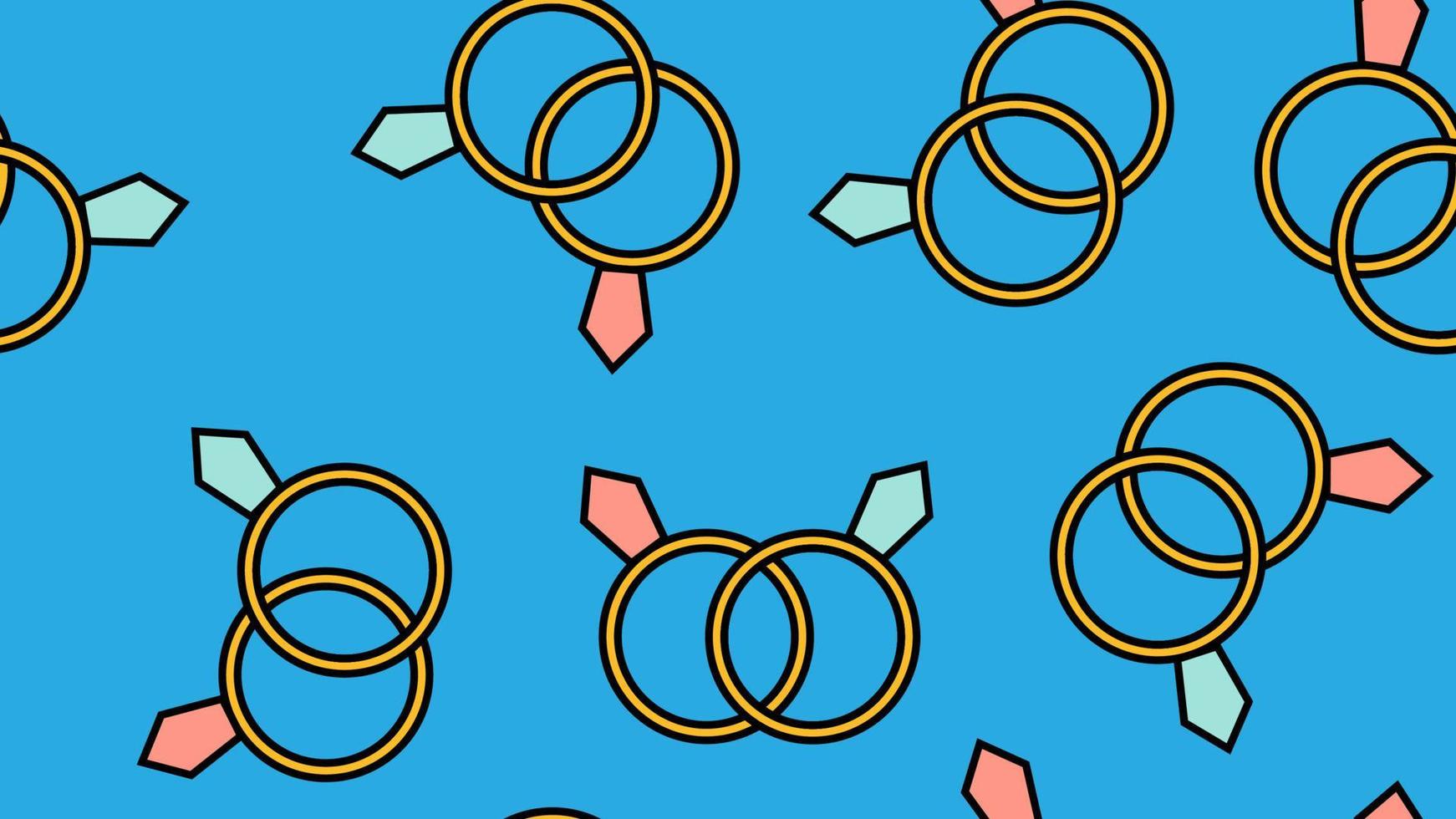 Texture endless seamless pattern of flat icons of gold wedding rings with diamonds, love items for the holiday of love Valentine's Day February 14 or March 8 on a blue background. Vector illustration