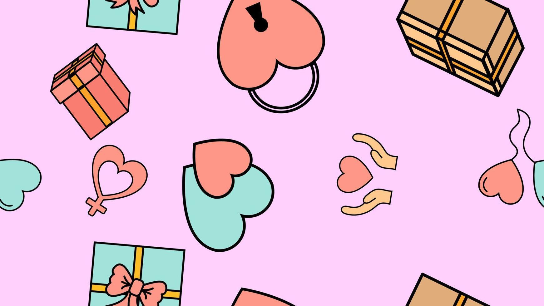 Texture seamless pattern from a set of love items with hearts and gifts for the holiday of love Valentine's Day February 14 or March 8 on a pink background. Vector illustration
