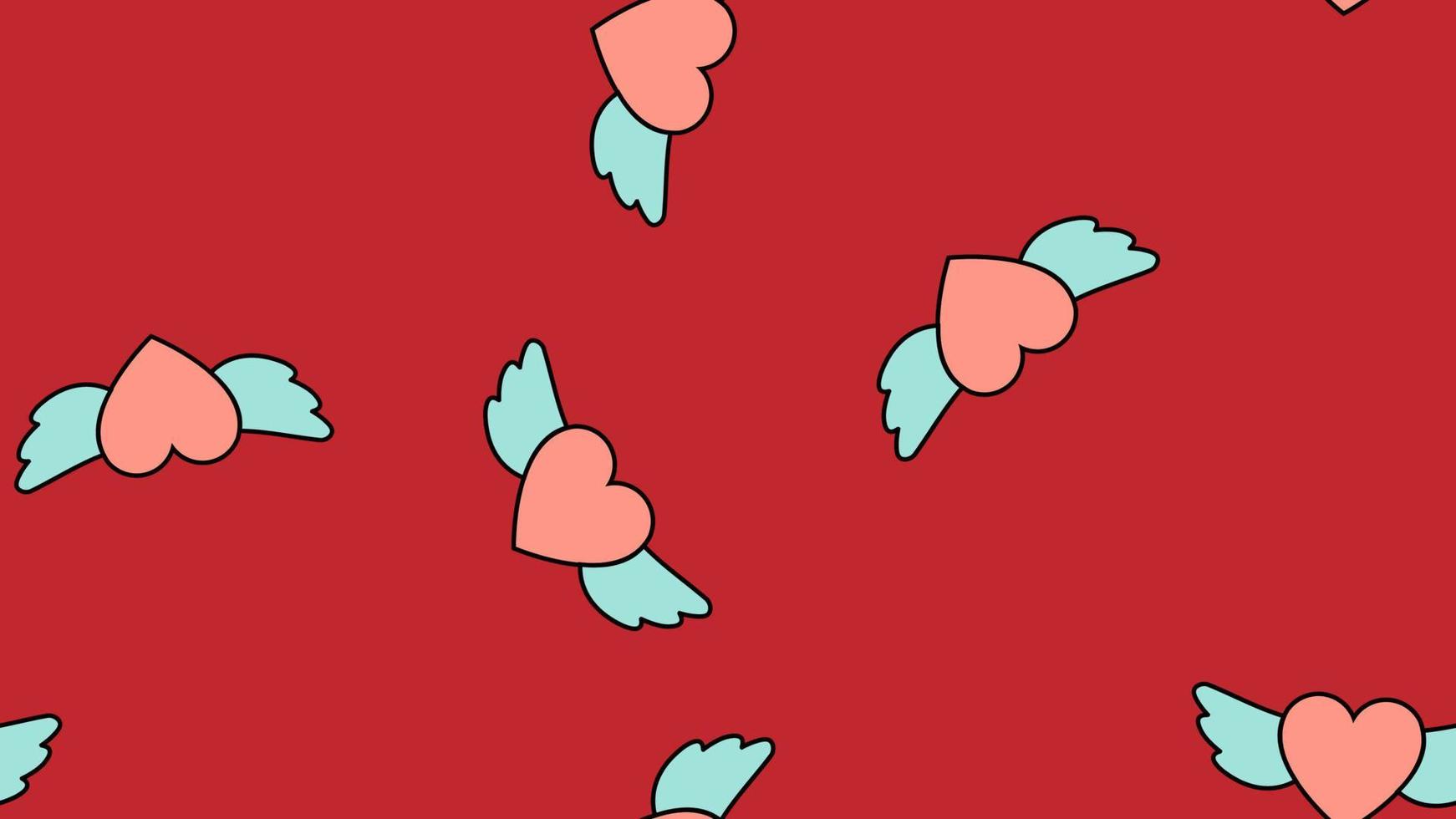 Texture endless seamless pattern from flat icons of hearts with wings, love items for the holiday of love Valentine's Day February 14 or March 8 on a red background. Vector illustration