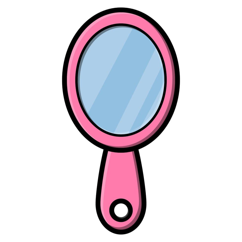 Beautiful simple flat icon of a small pink mirror on the handle for applying makeup and beauty guidance, isolated on a white background. Vector illustration