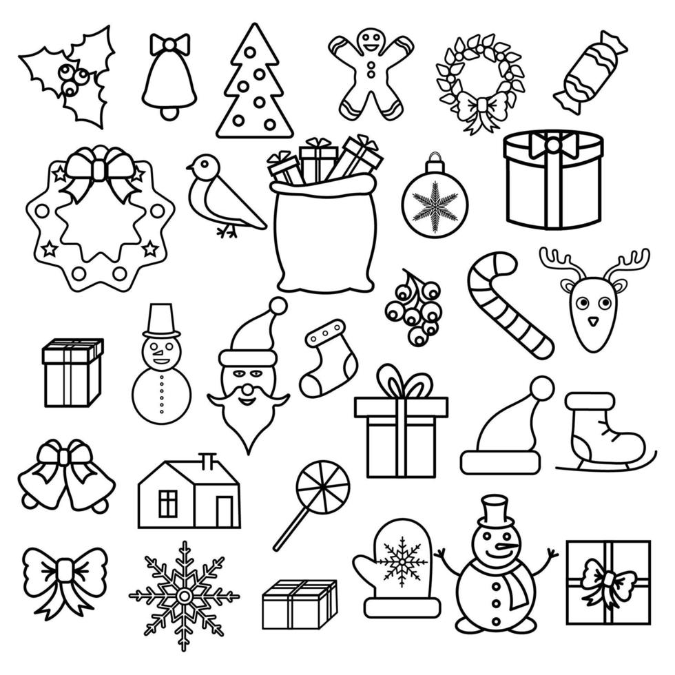 A large set of black and white simple icons of linear festive New Years Christmas things droplets, snowmen, toys, gifts, sweets, socks, bows, wreaths, sweets. Vector illustration