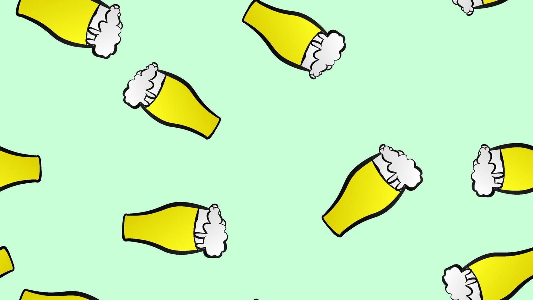 Patrón sin fin sin costuras de copas de vidrio hermosas amarillas con alcohol deliciosa cerveza ligera espumosa lager de lúpulo sobre un fondo verde. ilustración vectorial vector