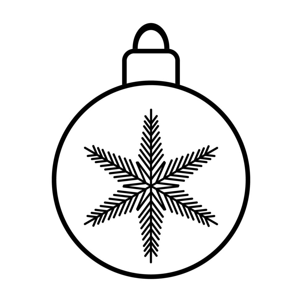 Black and white small simple linear icon of a beautiful festive New Year Christmas ball with a snowflake, Christmas toy on a white background. Vector illustration