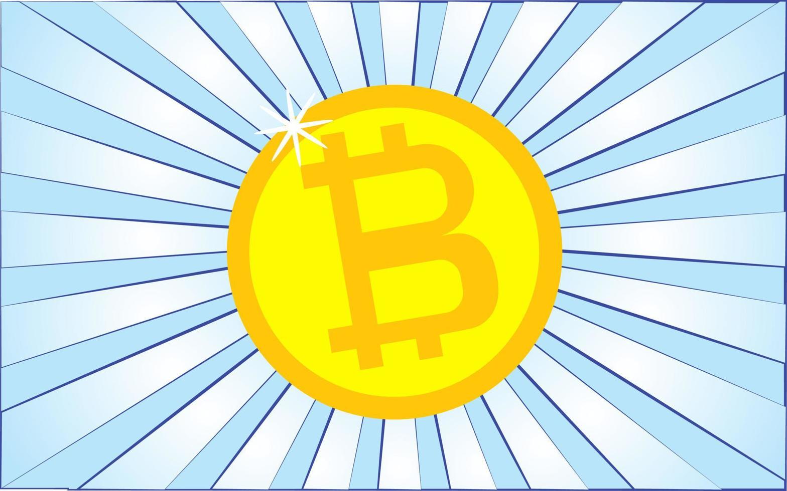 Golden round big Bitcoin cryptocurrency coin on a background of abstract blue rays. Vector illustration