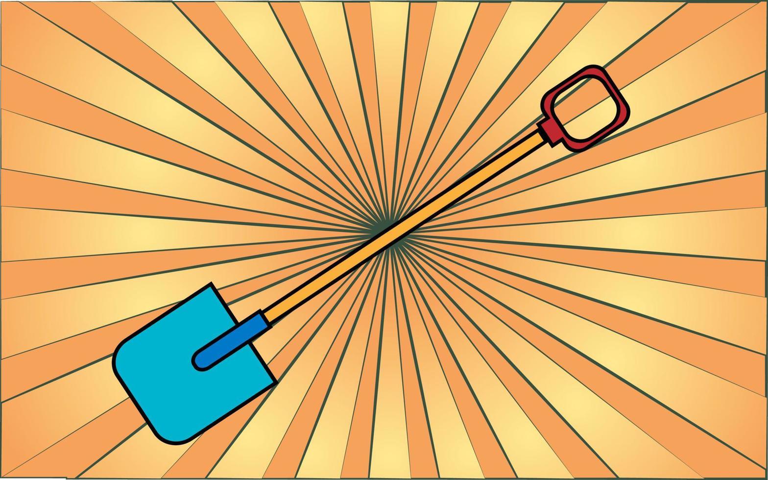Construction repair garden tool shovel for digging the earth against a background of abstract yellow rays. Vector illustration