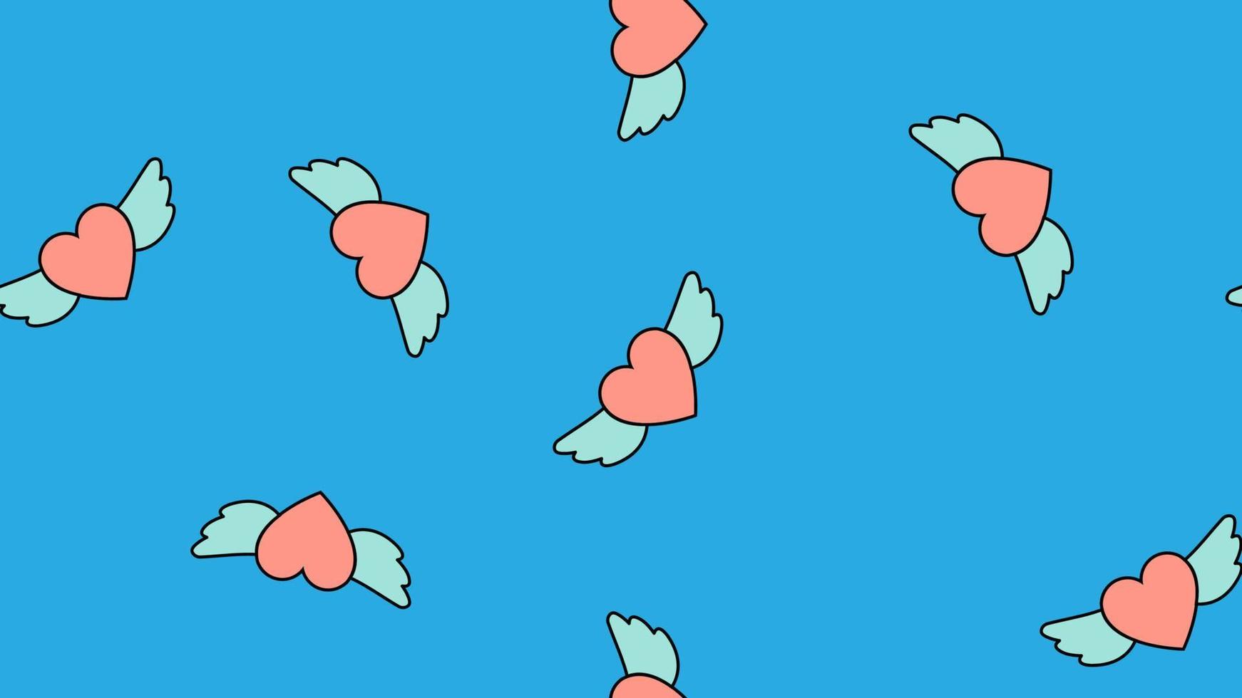 Texture endless seamless pattern from flat icons of hearts with wings, love items for the holiday of love Valentine's Day February 14 or March 8 on a blue background. Vector illustration
