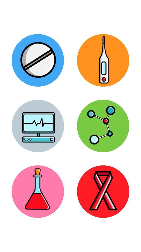 conjunto de seis iconos redondos para tópicos con temas médicos farmacológicos tableta termómetro molécula monitor matraz sobre un fondo blanco. ilustración vectorial vector