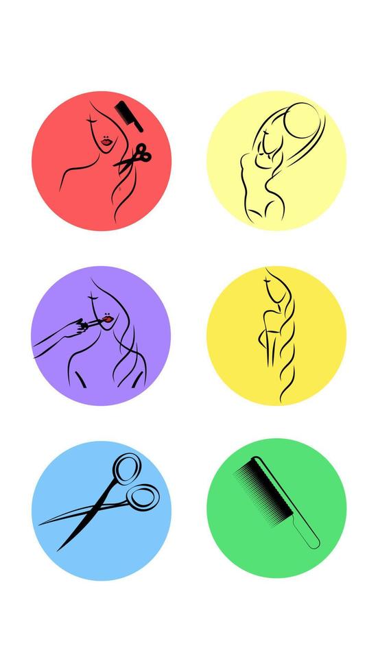 Set of six round icons for topical for spa beauty salon aqua aerobics hairdresser injection cometology on a white background. Vector illustration
