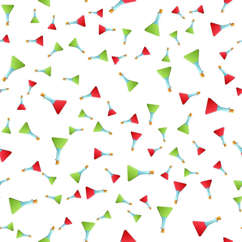 Endless seamless pattern of medical scientific medical supplies laboratory chemical green and red flasks and flasks on a white background. Vector illustration