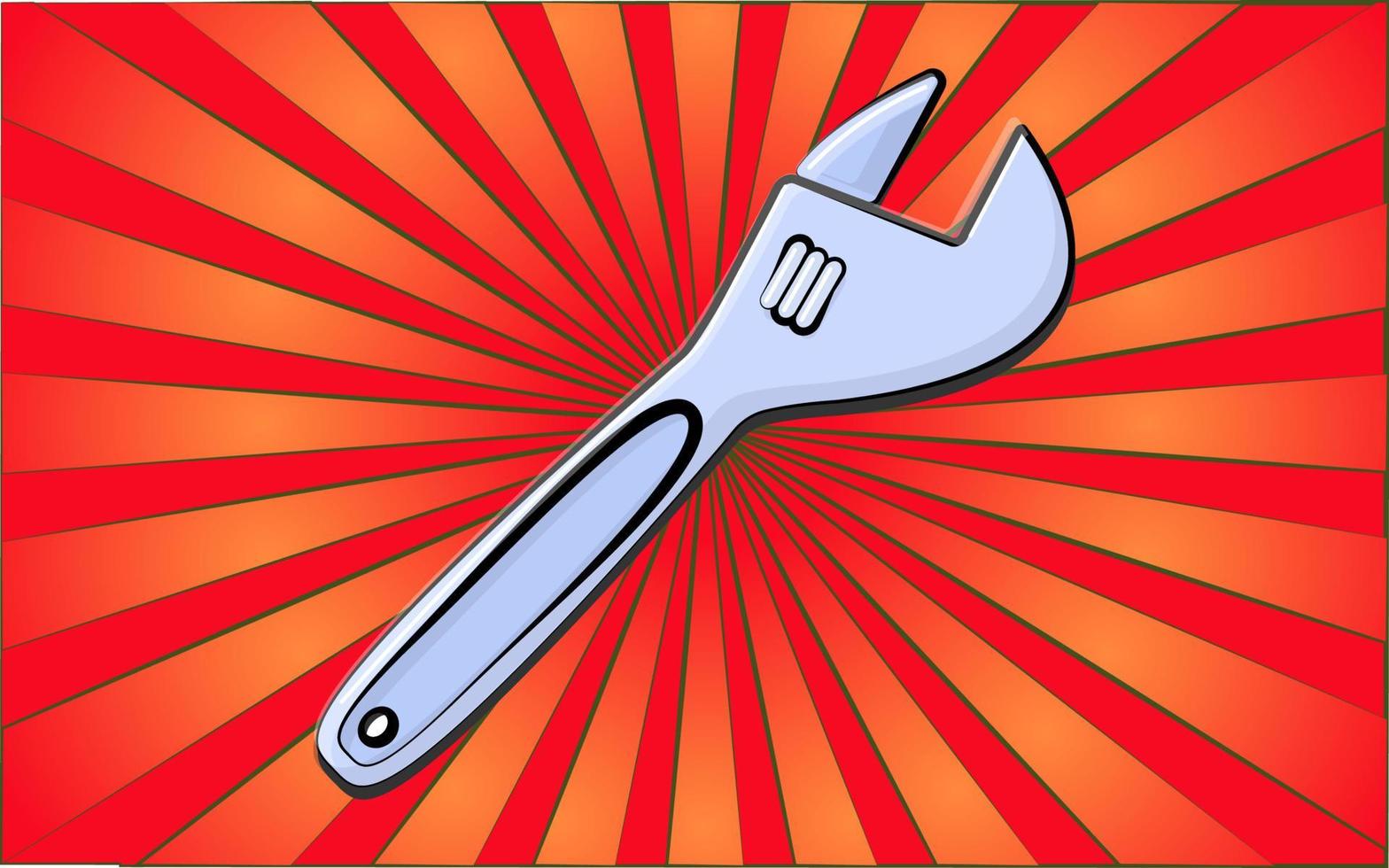 Construction repair fitter tools adjustable plumbing wrench for tightening nuts on a background of abstract red rays. Vector illustration