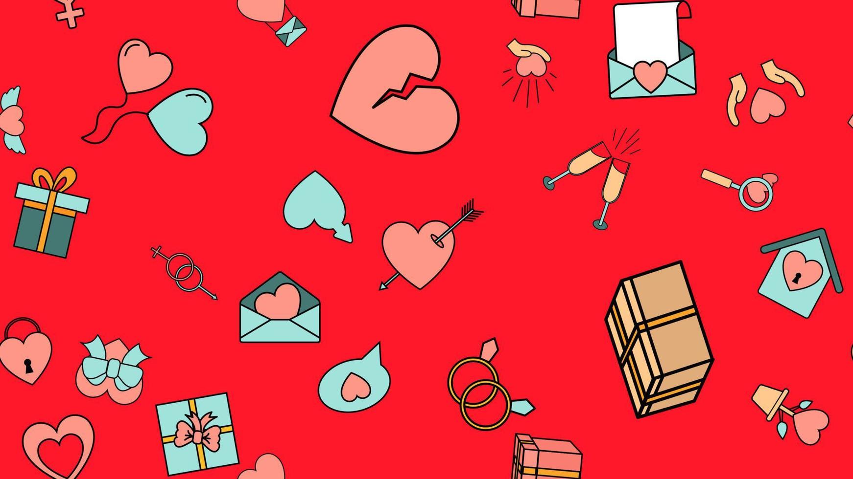 patrón de textura sin costuras de un conjunto de artículos de amor con corazones y regalos para la festividad del día de san valentín el 14 de febrero o el 8 de marzo sobre un fondo rojo. ilustración vectorial vector