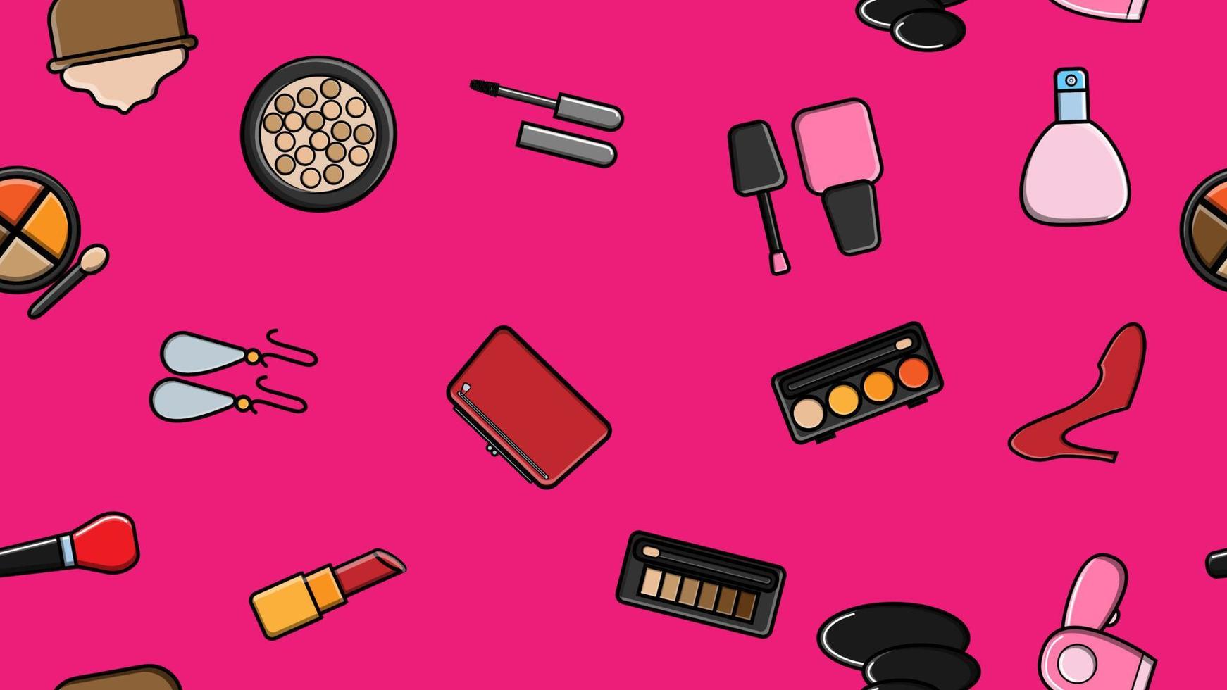 Endless seamless pattern of beautiful beauty items of female glamorous fashionable powders, lipsticks, varnishes, creams, cosmetics on a pink background. Vector illustration
