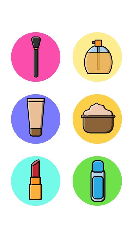 Set of six round icons for trendy with fashion items from the beauty industry makeup brush perfume foundation cream lipstick on a white background. Vector illustration