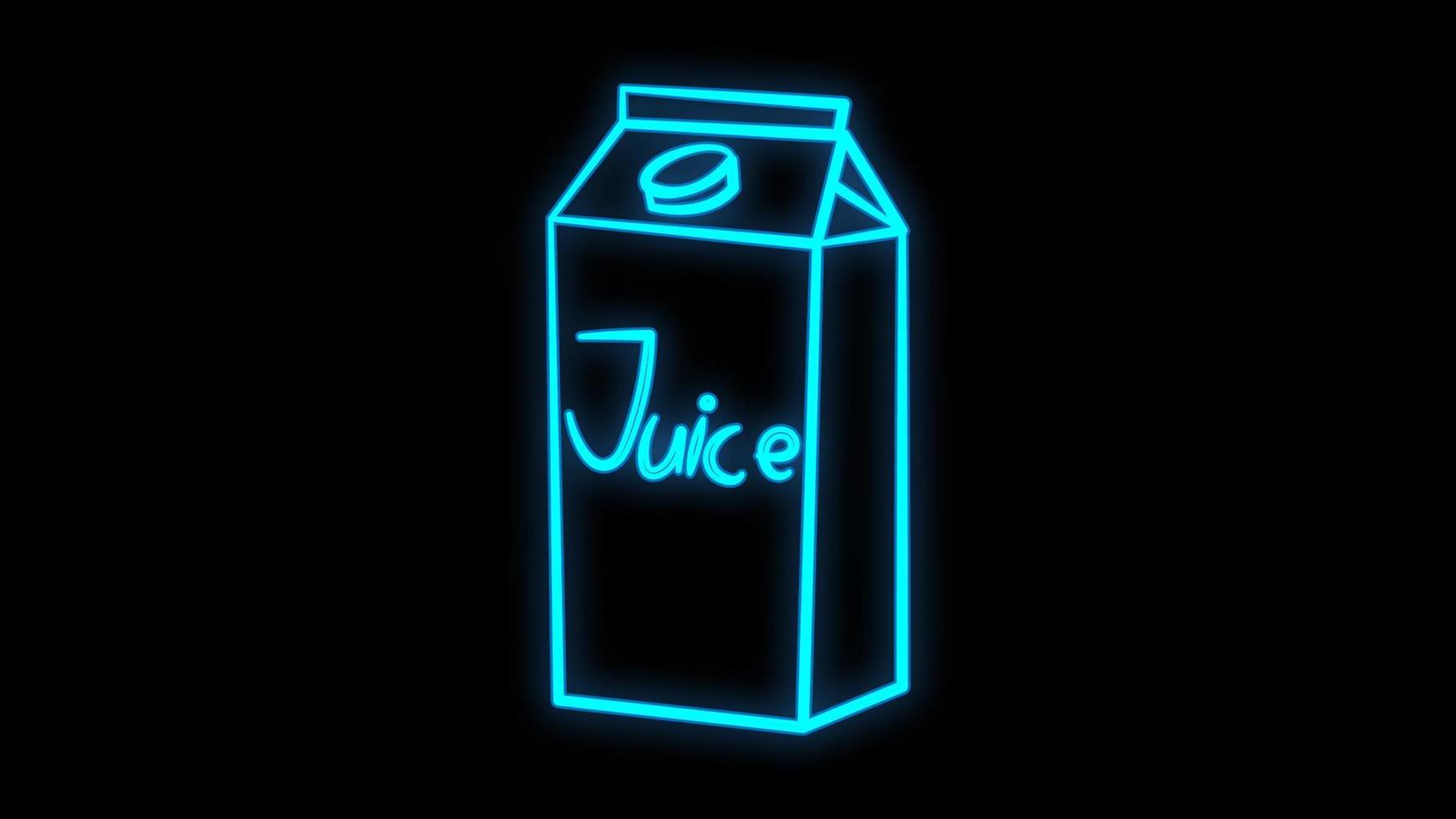 package with juice on a black background, vector illustration, neon. paper bag filled with squeezed juice. healthy drink. neon illustration, vintage, retro style. trendy neon blue