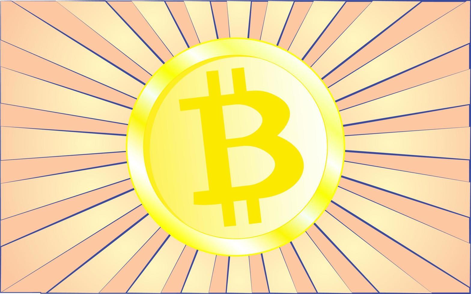 Golden round big Bitcoin cryptocurrency coin on a background of abstract yellow rays. Vector illustration