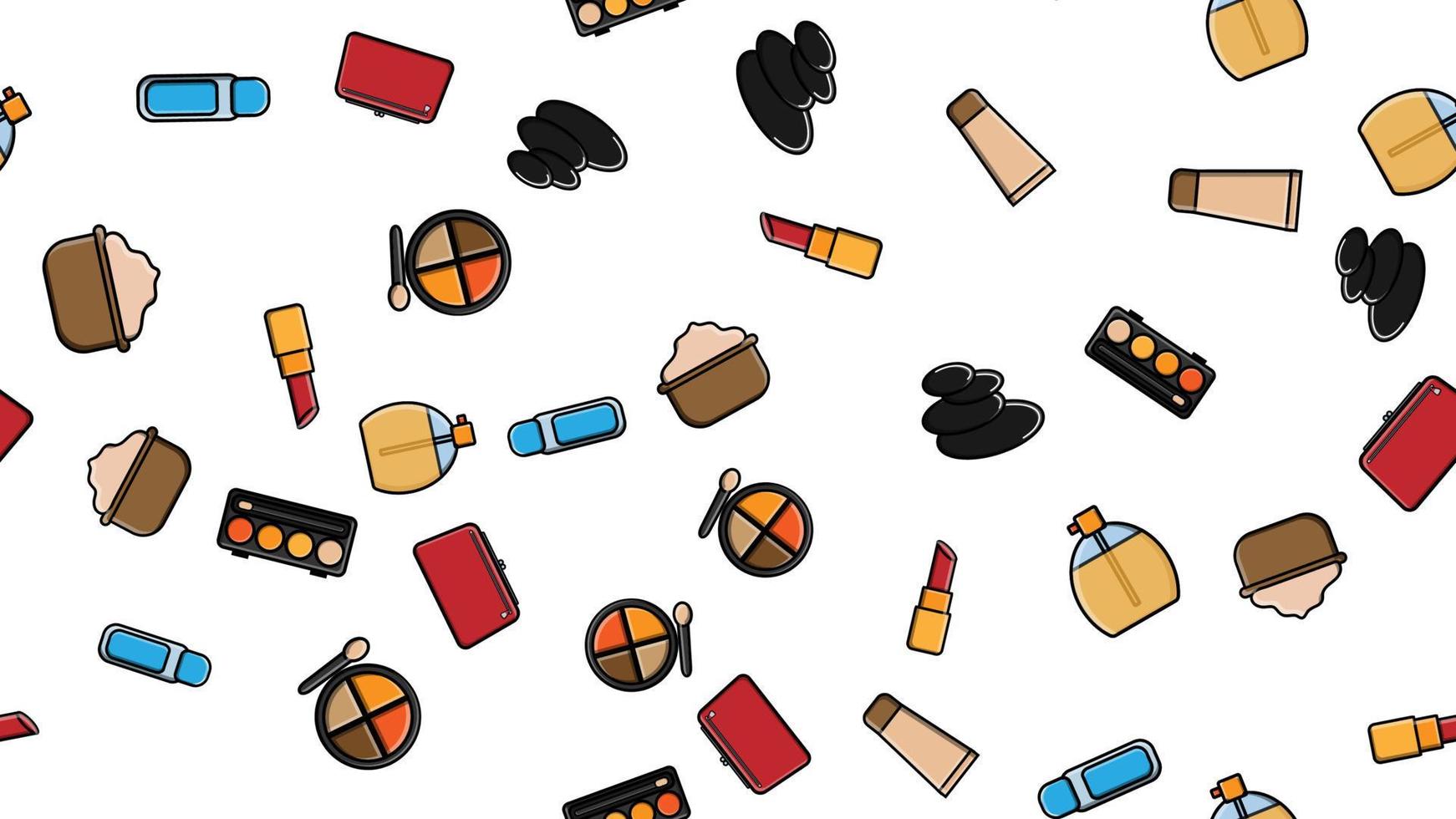 Endless seamless pattern of beautiful beauty items of female glamorous fashionable powders, lipsticks, varnishes, creams, cosmetics on a white background. Vector illustration