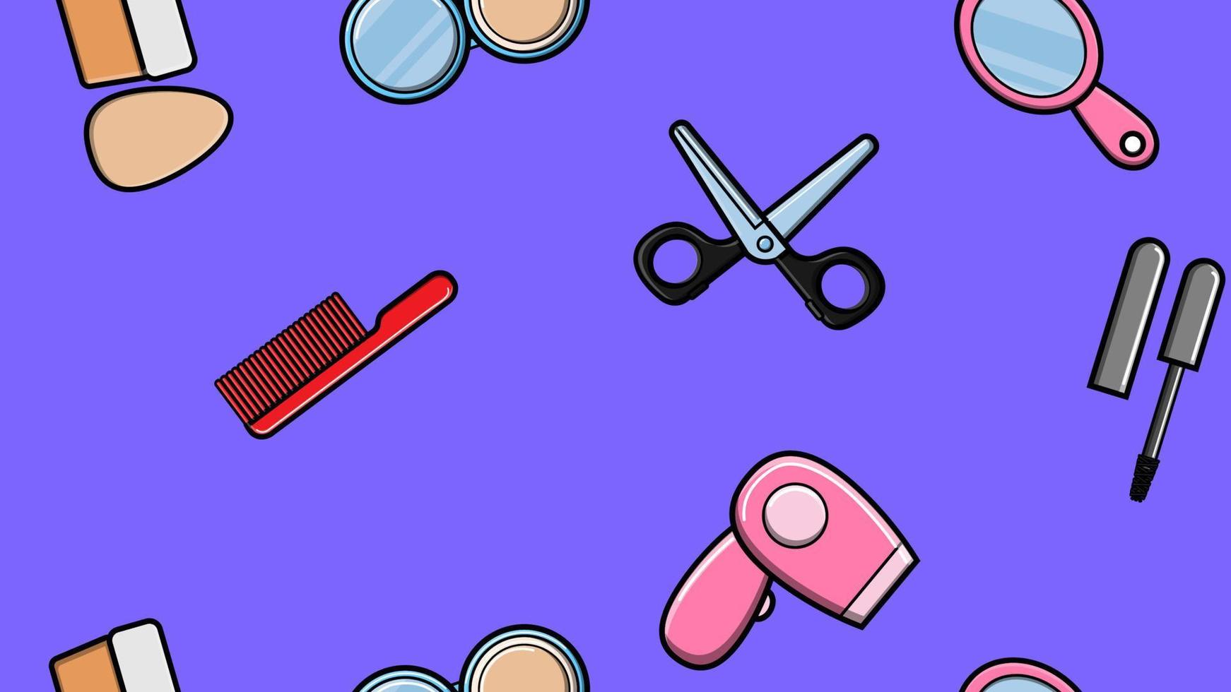 Endless seamless pattern of beautiful beauty items of female glamorous fashionable powders, lipsticks, varnishes, creams, cosmetics on a blue background. Vector illustration