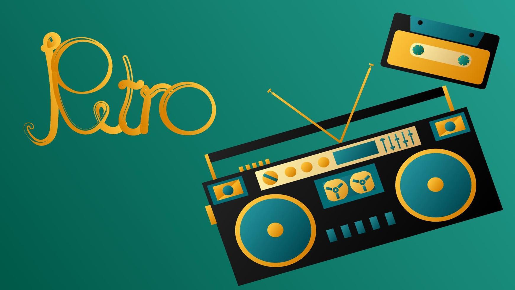 Old beautiful retro hipster music audio tape recorder and cassette from the 70s, 80s, 90s on a green background vector