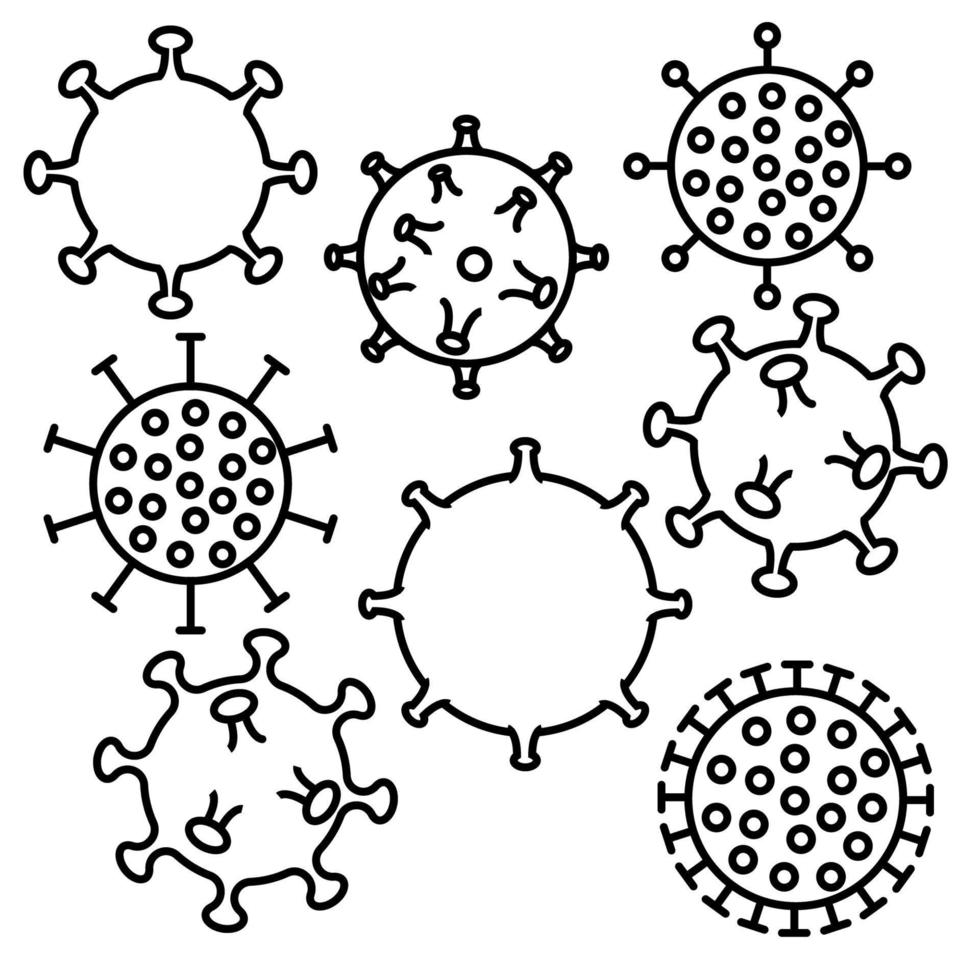 Set of black and white icons of medical viruses microbes dangerous deadly strain covid 019 coronavirus epidemic pandemic disease. Vector illustration